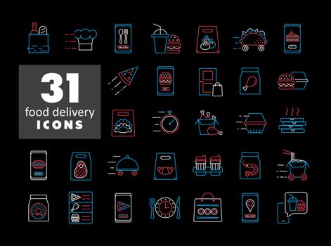 Fast food delivery vector flat icons set