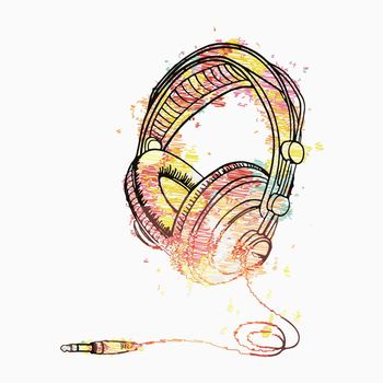 Funky colorful drawn musical headphones. Vector illustration. EPS 10.