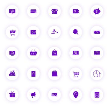 e commerce purple color vector icons on light round buttons with purple shadow. e commerce icon set for web, mobile apps, ui design and print