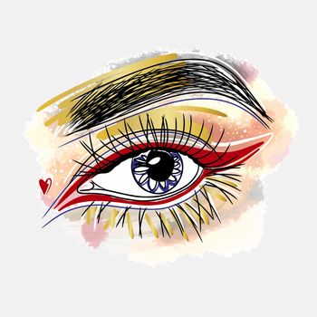 Eye makeup, eye shadow in gold, fashion, makeup style, doodle