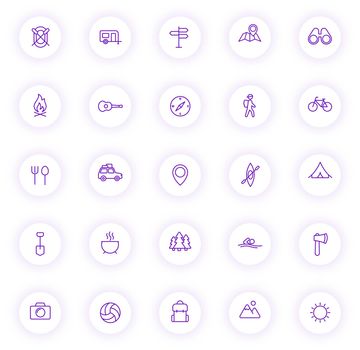 camping purple color outline icons on light round buttons with purple shadow. camping icon set for web, mobile apps, ui design and print