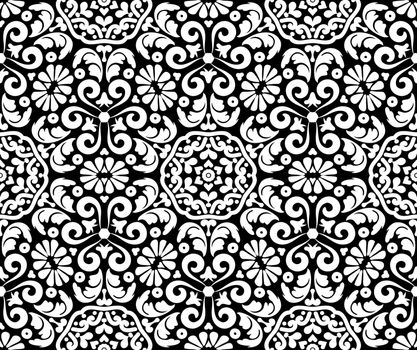 Floral ornate decor seamless pattern. Vintage floral damask ornament. Black and white. Vector illustration. For fabric, tile, wallpaper or packaging.