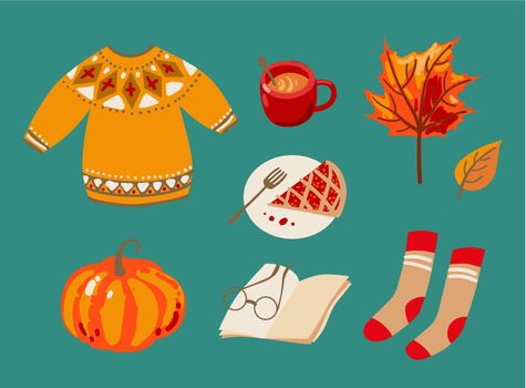 Cute autumn things: sweater, pumpkin, tea, cocoa, cake, socks. Autumn mood.