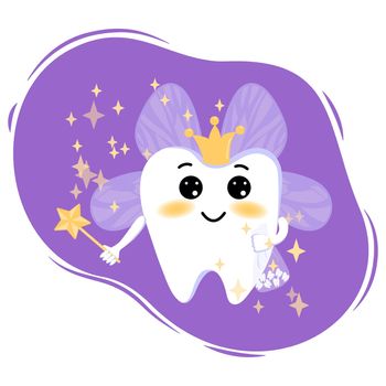 Cute cartoon tooth fairy with a magic wand