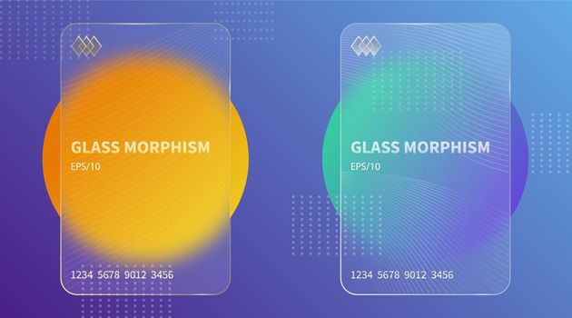 Glass morphism effect. Transparent frosted acrylic bank cards. Orange yellow gradient circles on violet blue background. Realistic glassmorphism matte plexiglass shape. Vector