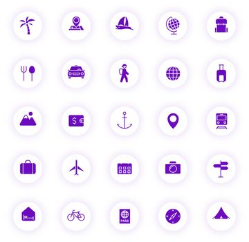 travel purple color vector icons on light round buttons with purple shadow. travel icon set for web, mobile apps, ui design and print