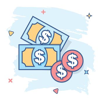 Cartoon money icon in comic style. Dollar money sign illustration pictogram. Coin splash business concept.