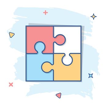 Cartoon puzzle icon in comic style. Jigsaw sign illustration pictogram. Toy game splash business concept.