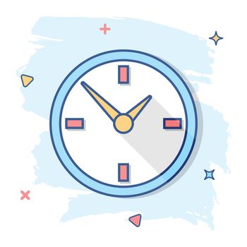 Cartoon alarm clock icon in comic style. Timer sign illustration pictogram. Stopwatch splash business concept.
