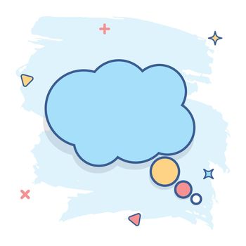Cartoon thought bubble icon in comic style. Think sign illustration pictogram. Cloud splash business concept.
