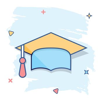 Cartoon graduation cap icon in comic style. Finish education sign illustration pictogram. Education business concept.