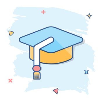 Cartoon education hat icon in comic style. Bachelor cap illustration pictogram. Education sign splash business concept.