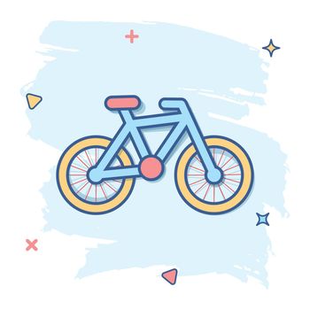 Cartoon bike icon in comic style. Bicycle sign illustration pictogram. Vehicle business concept.