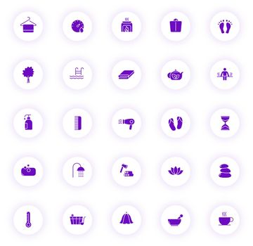sauna purple color silhouette icons on light round buttons with purple shadow. sauna vector icon set for web, mobile apps, ui design and print