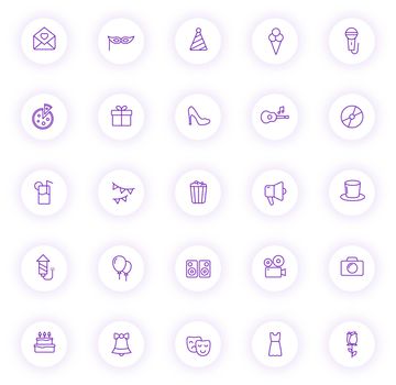 party purple color outline icons on light round buttons with purple shadow. party icon set for web, mobile apps, ui design and print