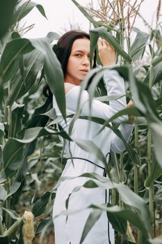 A brunette girl in a white dress in a cornfield. The concept of harvesting