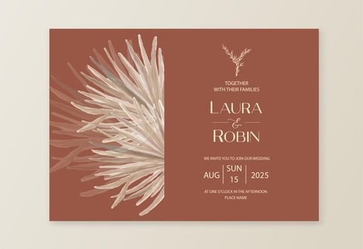 Wedding dried lunaria, pampas grass floral vector card. Watercolor Exotic dried flowers, palm leaves boho invitation template. Save the Date foliage cover, modern poster, trendy design.