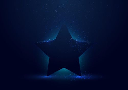 3D blue star award with glowing light on dark stage background and dust splashing