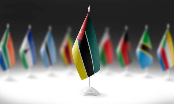 The national flag of the Mozambique on the background of flags of other countries