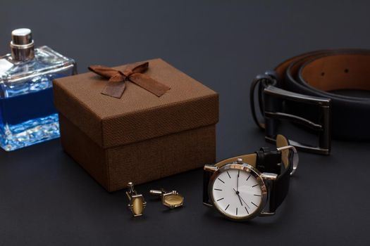 Set of men accessories in business style and gift box.