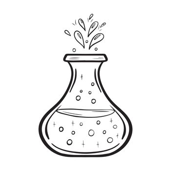 Vector doodle bottle of magic potion. Witchcraft glass bottle. Alchemy elixir in glass flask. Hand drawn illustration of witch poison.