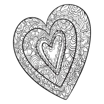 Vector Hand drawn black hearts in zentangle style. Zen doodle Pattern for coloring book. Valentine's day background. Coloring monochrome page for adult anti stress.