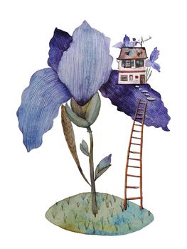Hand-drawn watercolor illustration fairy house on the iris flower for design in high resolution