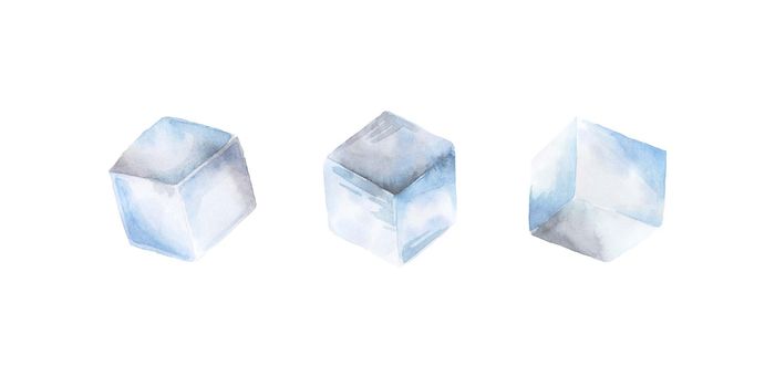 Set of water ice cubes. isolated on white. Watercolor illustration