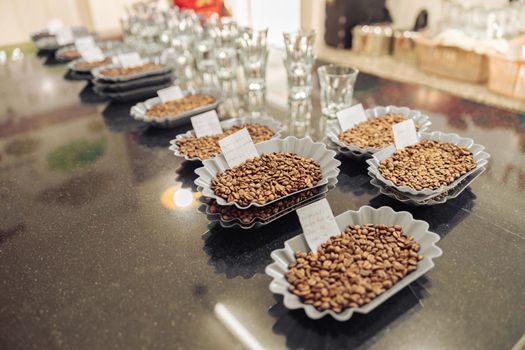 Different varieties of coffee beans for tasting