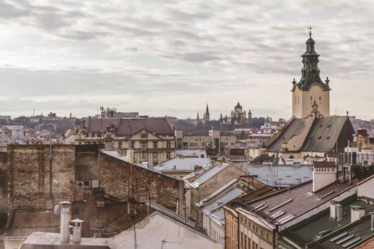 Top view of the city of Lviv, Ukraine. Roofs of old houses.