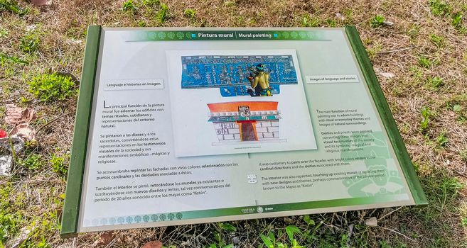 Tulum ruins Mayan site temple pyramids information sign board Mexico.