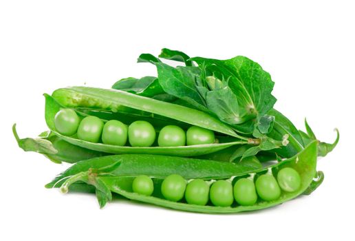 Green Peas. Raw ripe bunch of green peas with leaves isolated on white background