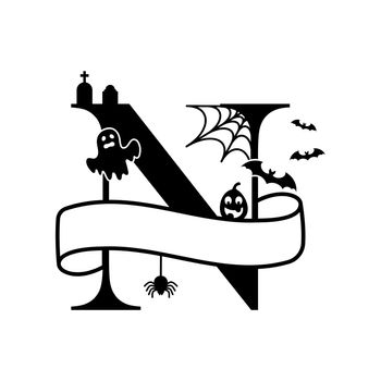 Cute Halloween letter N split monogram. Cartoon ghost, pumpkin, bat for kids t-shirt, nursery decoration, baby shower, greeting card, invitation, scrapbooking, home decor. Vector stock illustration