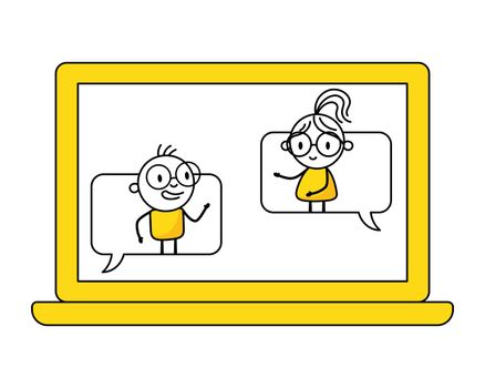 Man and woman are looks out of chat bubbles and talking to each other on a laptop screen. Communication and social media concept. Vector stock illustration