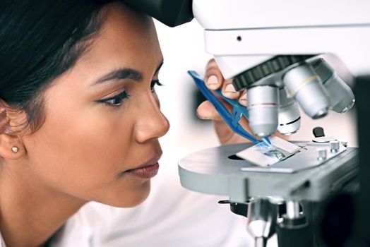 Time to do some serious investigation. Closeup shot of an attractive young female scientist placing a microscopic slide under the microscope while working in a laboratory.