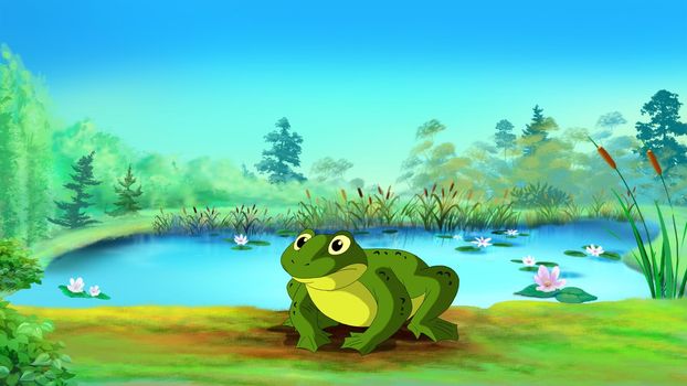 Big green toad near a pond illustration