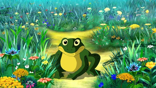 Big green toad in the grass illustration