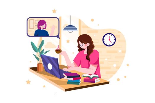 Lady doing online meeting on a tablet with coffee cup on the desk Illustration concept on white background