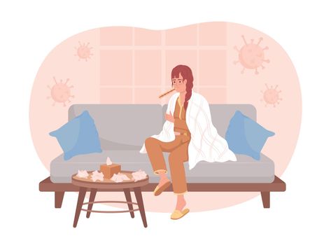 Woman with flu sitting on sofa 2D vector isolated illustration