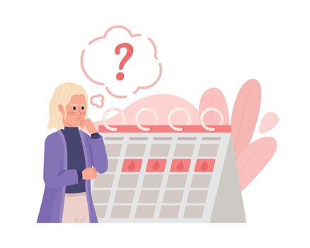Woman worried by menstrual cycle 2D vector isolated illustration