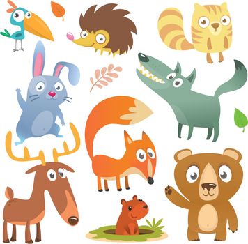 Cartoon forest animals big set. Squirrel, hedgehog, hamster, wolf, fox, toucan bird, bear, deer