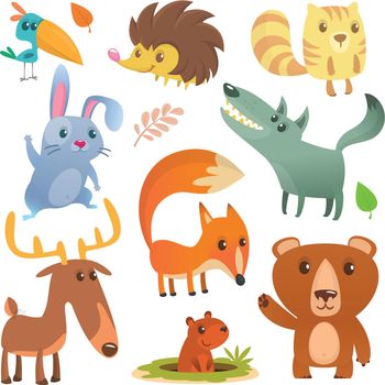 Cartoon forest animal characters. Wild cartoon cute animals set. Big set of cartoon forest animals flat vector illustration design. Squirrel, hedgehog, hamster, wolf, fox, toucan bird, bear, deer