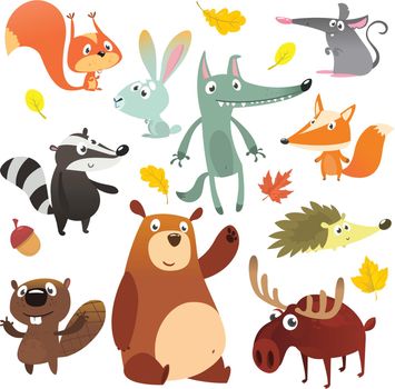 Cartoon forest animal characters. Wild cartoon cute animals set.  Squirrel, mouse, badger, wolf, fox, beaver, bear, moose