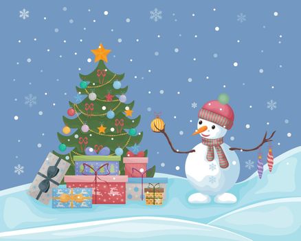 A snowman near the Christmas tree. Cute Christmas illustration with the image of a snowman standing near the Christmas tree with gifts and holding Christmas toys in his hands. Vector illustration