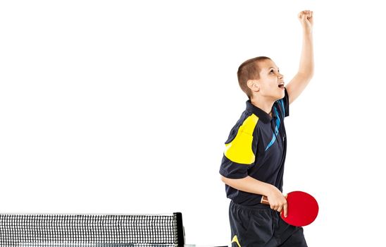 Little boy celebrating flawless victory in table tennis isolated