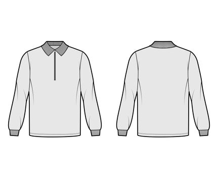 Shirt zip-up polo technical fashion illustration with long sleeves, tunic length, henley neck, oversized, flat collar