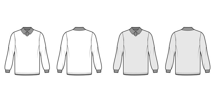 Shirt double technical fashion illustration with long sleeves, tunic length, henley neck, oversized, flat classic collar