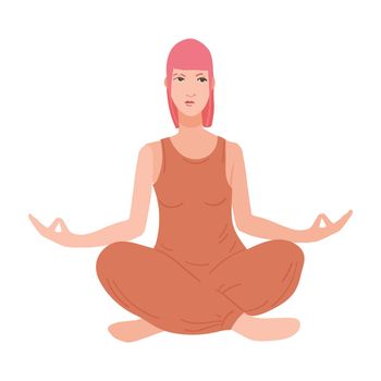 Young pretty woman performing yoga exercise. Female cartoon character sitting in lotus posture and meditating vipassana