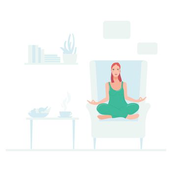Young pretty woman sitting on chair in her room performing yoga exercise.