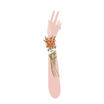 Young pretty woman hand with flower bouquet that attach with aid medical patch.